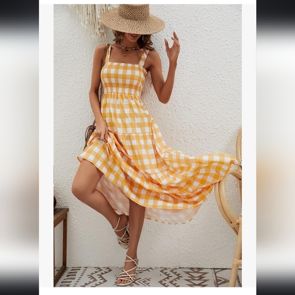 Women's yellow gingham summer boho flowy long dress Sz Large - Picture 4 of 8